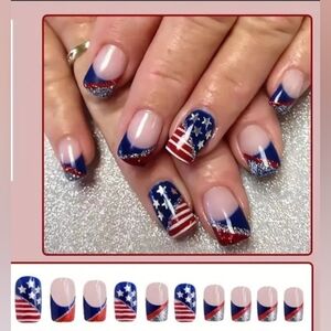 Independence Day Red White & Blue Glitter Press on Nails Short Square 24…